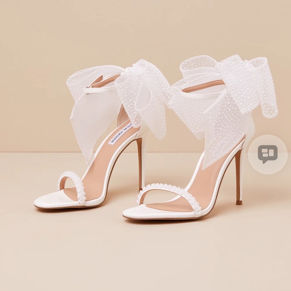 Steve Madden White Pearl Bow Ankle-Strap Stiletto Heels